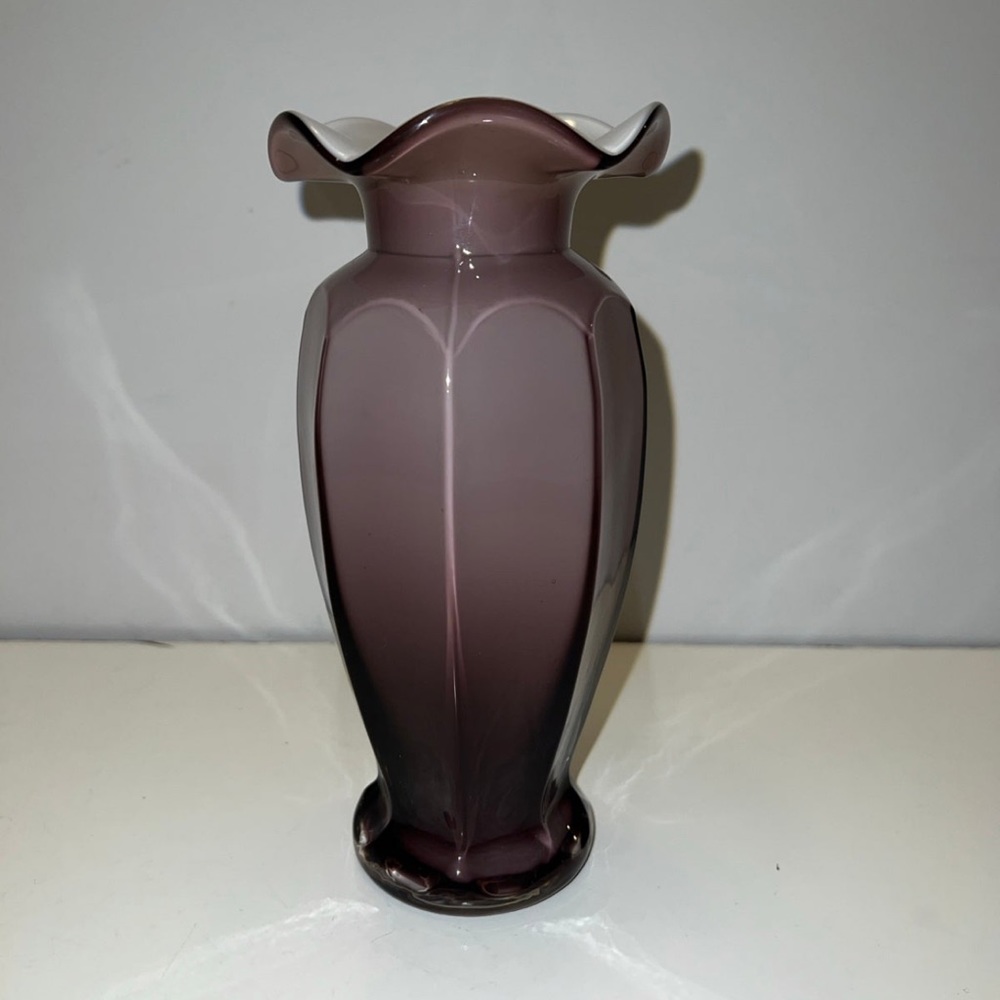 Vintage Cased Glass Vase Amethyst White and Clear Paneled Purple Cased Glass